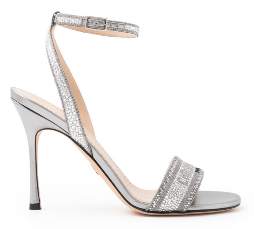 Dior Dway Strass Crystal Leather Metal Grey Silver Ankle Strap Sandal Heel 39